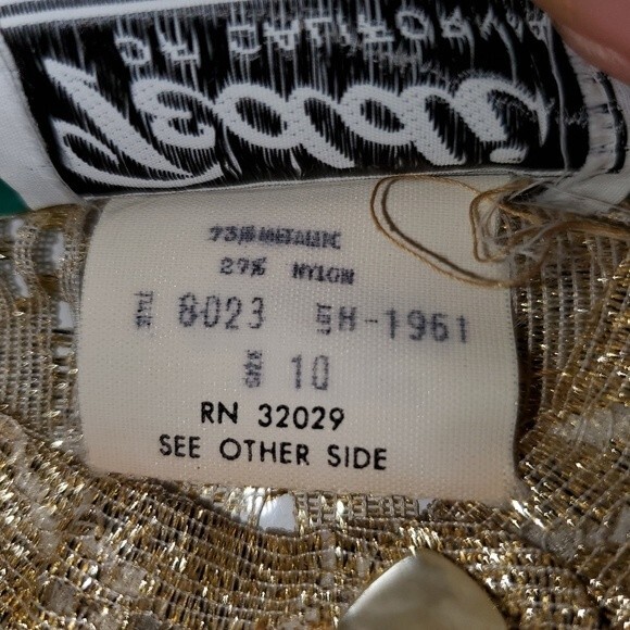 Vintage Gold Metallic & Nylon Deco Button Front Mandarin Collar Semi Sheer Top - Picture 7 of 8